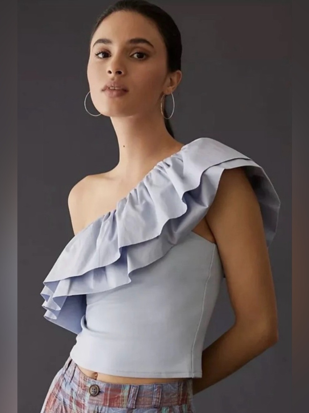 NWT Anthro Sunday in Brooklyn Ruffled One-Shoulder Crop Top Sky Blue Large